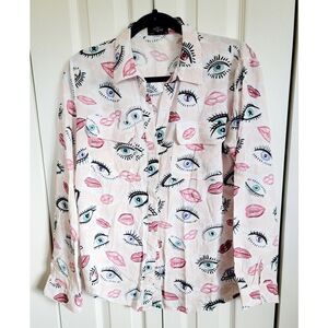 Milk & Honey‎ M Oversz Womens Shirt Top Graphic Print-Button Front Lips Eyes LS